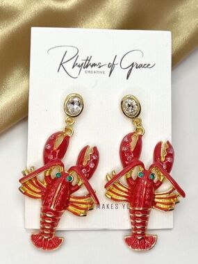 Crawfish Earrings Red Enamel Louisiana Cajun Mardi Gras Rhinestone Dangle NWT